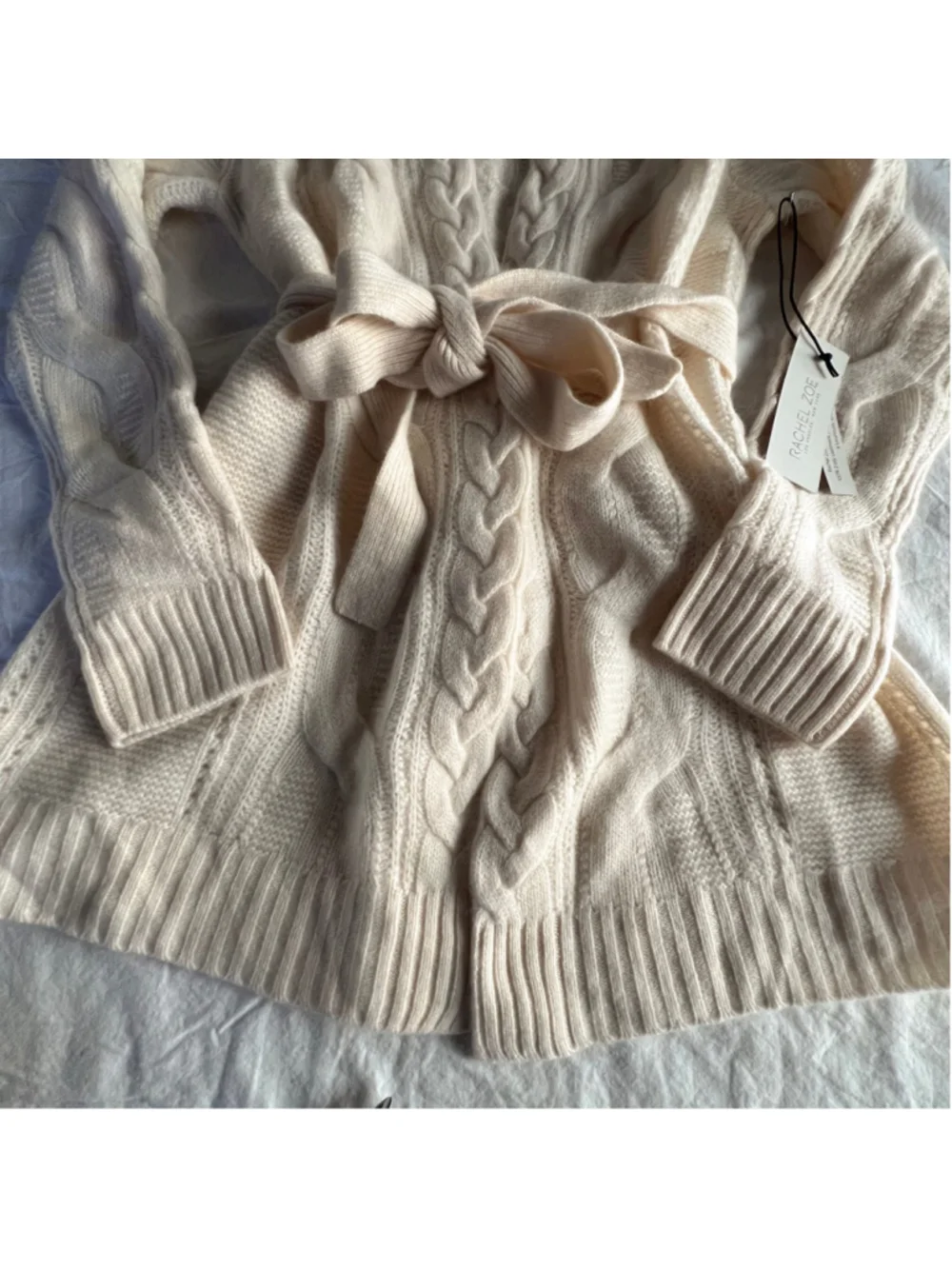 NWT Rachel Zoe Cream 100% 2-Ply Cashmere Cable Knit Belted Cardigan Sweater S - Picture 12 of 13